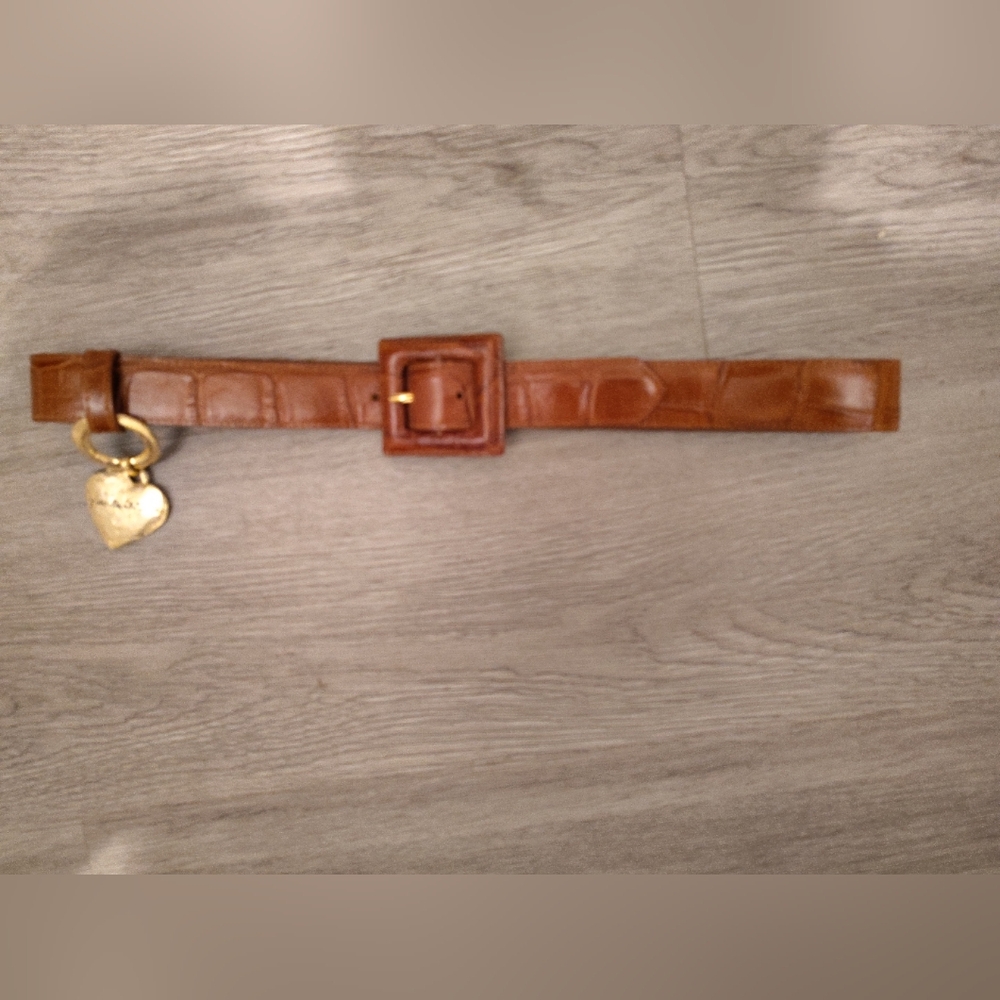 Vintage Yves Saint Laurent Croc Embossed Leather Belt With Hammered Heart Charm